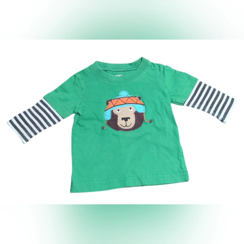 Carter's Green Long Sleeve Tee With Bear And Stripes Size 6 Months.